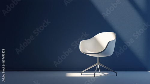 A single minimalist office chair with smooth, pure white surfaces and soft shadows. P