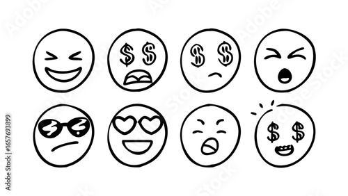 Hand drawn doodle emoticons with various expressions