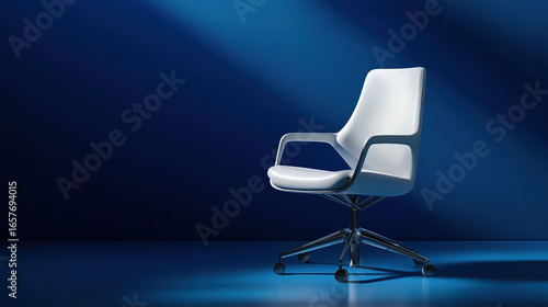 A single minimalist office chair with smooth, pure white surfaces and soft shadows. 