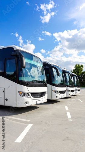 White buses parked in a row under a partly cloudy sky