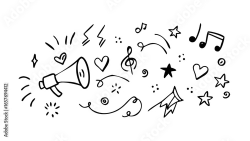 Hand drawn expressive doodles of a smiling person drawing