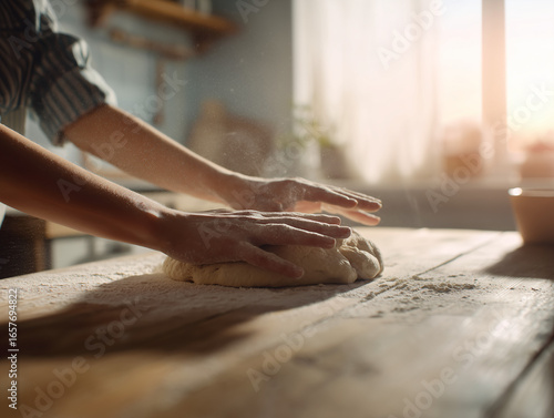 A woman kneading dough in a clean kitchen with warm, soft lighting.