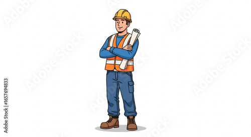 A construction worker stands with arms crossed, holding blueprints, ready for work.