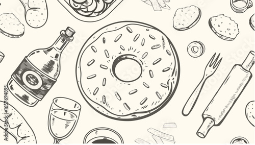 Hand drawn seamless pattern with donut, champagne, glass, fork, rolling pin and other food items design silhouette