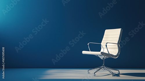 A single minimalist office chair with smooth, pure white surfaces and soft shadows. 