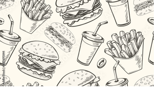 A seamless pattern featuring hand drawn sketches of fast food items including burgers fries and soda drinks silhouette