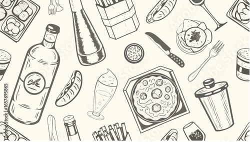 Seamless pattern featuring hand drawn food and drink items including pizza, wine, and various containers silhouette