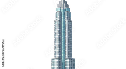 Sleek skyscraper facade with a rhythmic arrangement of windows and architectural crown showcases a modern, towering design against a stark background