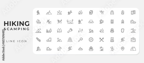 Hiking and camping line icons set. Contains related to hiking, camping, adventure, outdoor, mountain and nature vector illustration