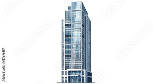 Contemporary architectural rendering of a modern glass skyscraper against a stark white backdrop showcases refined design and minimalist beauty