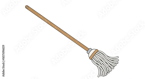 Cartoon mop with wooden handle and white strings on a white background cleaning tool icon for disinfection equipment floor cleaning routine