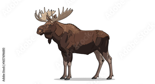 Majestic Moose Standing Tall on a Plain Background Displaying its Impressive Antlers Drawing attention with detailed textures and color palette