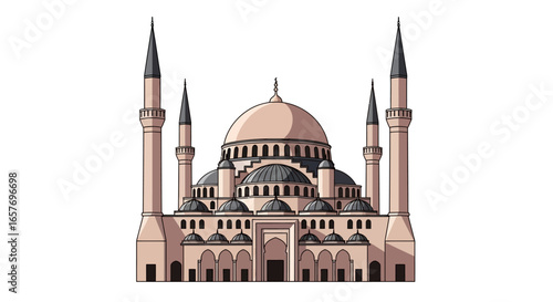 Architectural rendition of a grand mosque with towering minarets and central dome