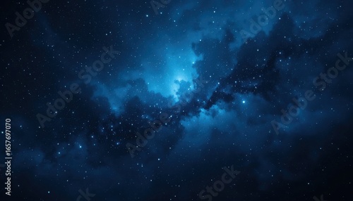 Modern space theme with deep blue tones, scattered stars, and faint nebula haze