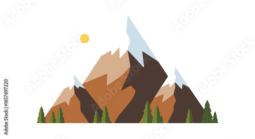 Scenic Minimalist Mountain Range Illustration with Pine Trees and a Radiant Sun Graphic Representation