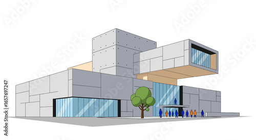 Architectural Conceptualization: Modern Building Design with Public Gathering and Landscaping Elements Depiction