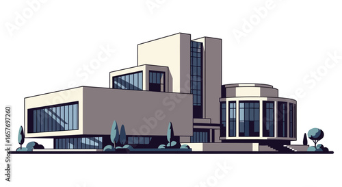 Modern Architecture Illustration with Geometric Shapes and Flat Design Aesthetic with Subtle Shadows