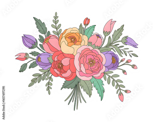 Pastel-colored floral bouquet with soft shading, hand-drawn style, transparent background, sticker design
