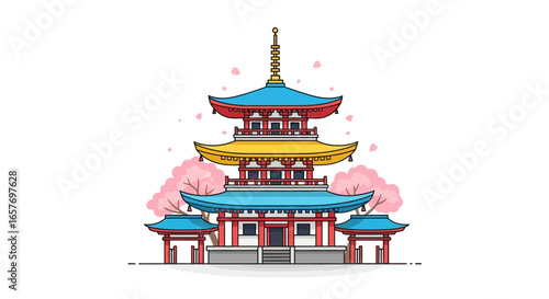 Stylized Japanese Pagoda with Cherry Blossoms, a Symbol of Oriental Architectural Beauty and Cultural Heritage, Reflecting Peace and Serenity in a