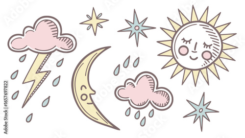 Pastel weather elements with sun moon and clouds stars