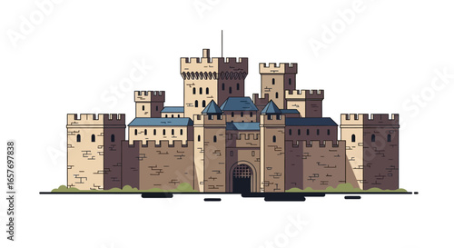 Stylized depiction of a fortified medieval castle with towers and crenellations