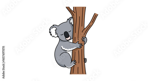 Cute Koala Hugging a Tree Trunk Illustration with a Minimalist Design Depicting Nature and Wildlife for Children, Promoting Awareness and Conservation