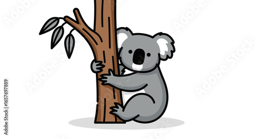 Charming cartoon of a koala clinging to a eucalyptus tree, evoking the serenity of wildlife illustrations, appealing to children and nature