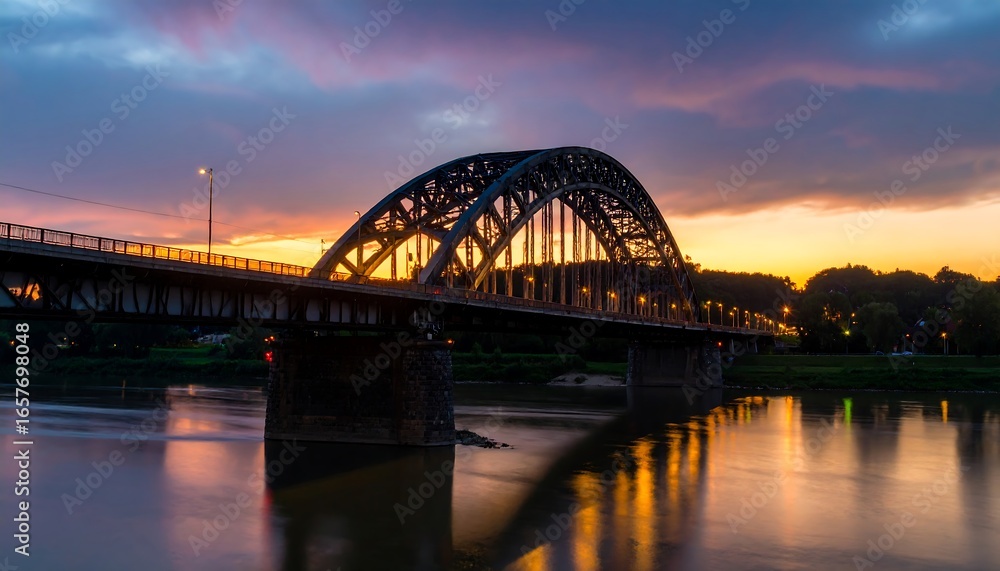 Fototapeta premium Sunset over a metal arch bridge