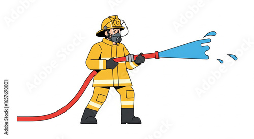 Firefighter bravely battling a blaze, wielding a powerful water hose to extinguish flames.