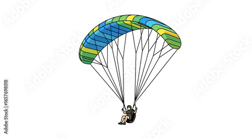 Illustration of a paraglider with a colorful canopy soaring against a plain white backdrop capturing freedom and adventure in the sky