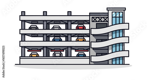 Whimsical depiction of a multi-level parking structure filled with colorful automobiles, showcasing urban lifestyle and accessibility