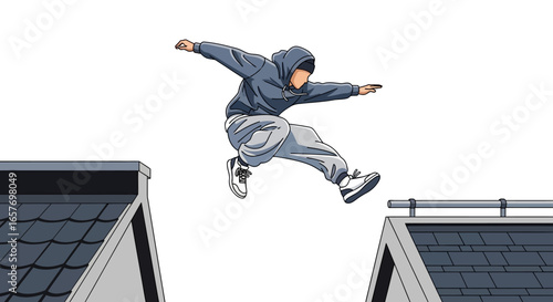 Cartoon-Style Freerunner Leaping Across Rooftops: A Dynamic Portrayal of Urban Exploration and Athleticism, rendered in a comic book aesthetic for a