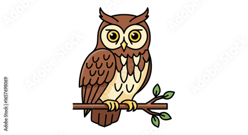 Charming owl perched serenely on a branch with foliage in a delightful illustration style perfect for educational content for children and decorations