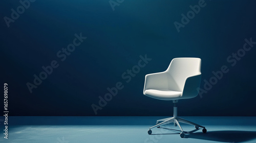 A single minimalist office chair with smooth, pure white surfaces and soft shadows. 