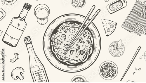 Hand drawn seamless pattern with asian food dishes and ingredients in black and white illustration style silhouette