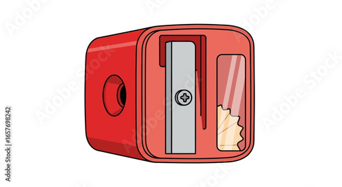 Vibrant red pencil sharpener with shavings depicted against a pristine white background symbolizing creative precision and detail showcasing tool