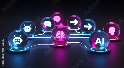 Artificial Intelligence Network Concept Glowing Brain Robot AI Icons Connected Data Flow Technology