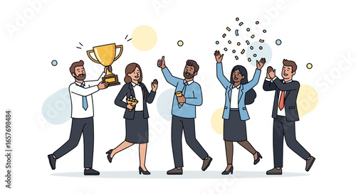 Triumphant team celebrating victory with trophy and confetti, symbolizing success and collaboration in the workplace environment