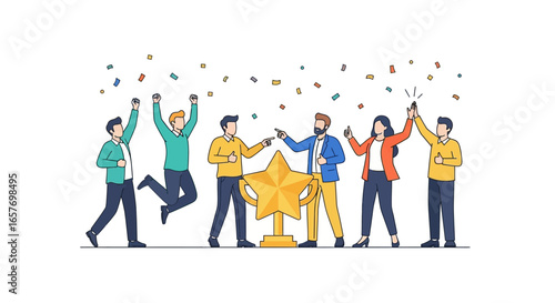 Celebrating Business Achievement: A Team's Triumph with a Star Trophy and Confetti Shower Depicts Success and Collaboration