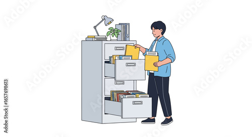 Man organizing paperwork in office filing cabinet under desk lamp illustrating efficient document management for optimized workflow and storage