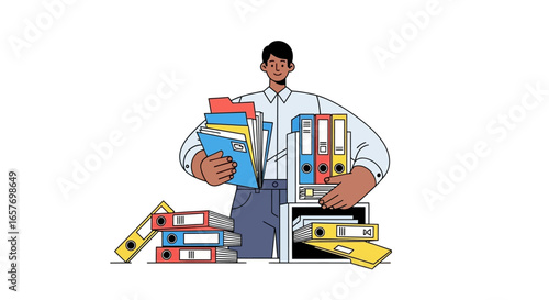 Person overloaded with paperwork and office files, overwhelmed by administrative tasks, showing the challenges of records management in a