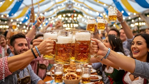 A happy group of friends in traditional bavarian clothing celebrate oktoberfest in a munich beer tent by toasting with large steins of fresh foamy beer

