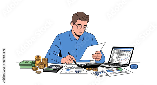 Dedicated professional meticulously reviewing financial reports for strategic planning decisions and accurate forecasting for investment returns