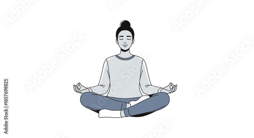 Illustration of a serene woman meditating in the lotus position on a white background showing wellness and peace of mind, inviting calm and relaxation