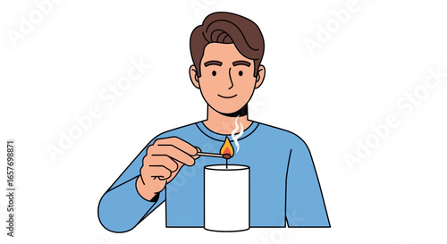 Man Lighting a Candle with a Matchstick Illustration Depicting Warmth and Relaxation in a Minimalist Style Graphic