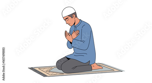 Illustration of a serene muslim man deeply engrossed in prayer on a prayer rug symbolizing faith, reverence and connection during spiritual devotion