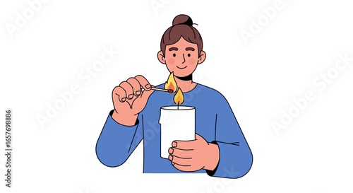 Cartoon illustration of a woman lighting a candle with a matchstick, evoking feelings of warmth and calm during a quiet moment of introspection