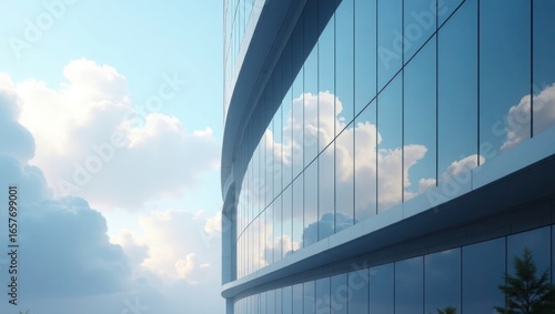 Modern Glass Skyscraper with Cloudy Sky Reflection and Contemporary Design