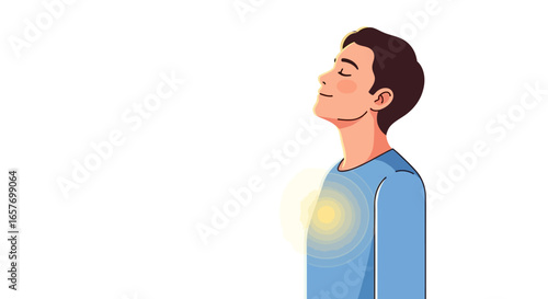 Illustration of a serene man experiencing inner peace and emotional well-being, breathing deeply
