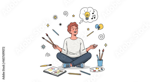 Creative inspiration: Young artist surrounded by art tools and imaginative symbols emanating creative ideas full of artistic potential